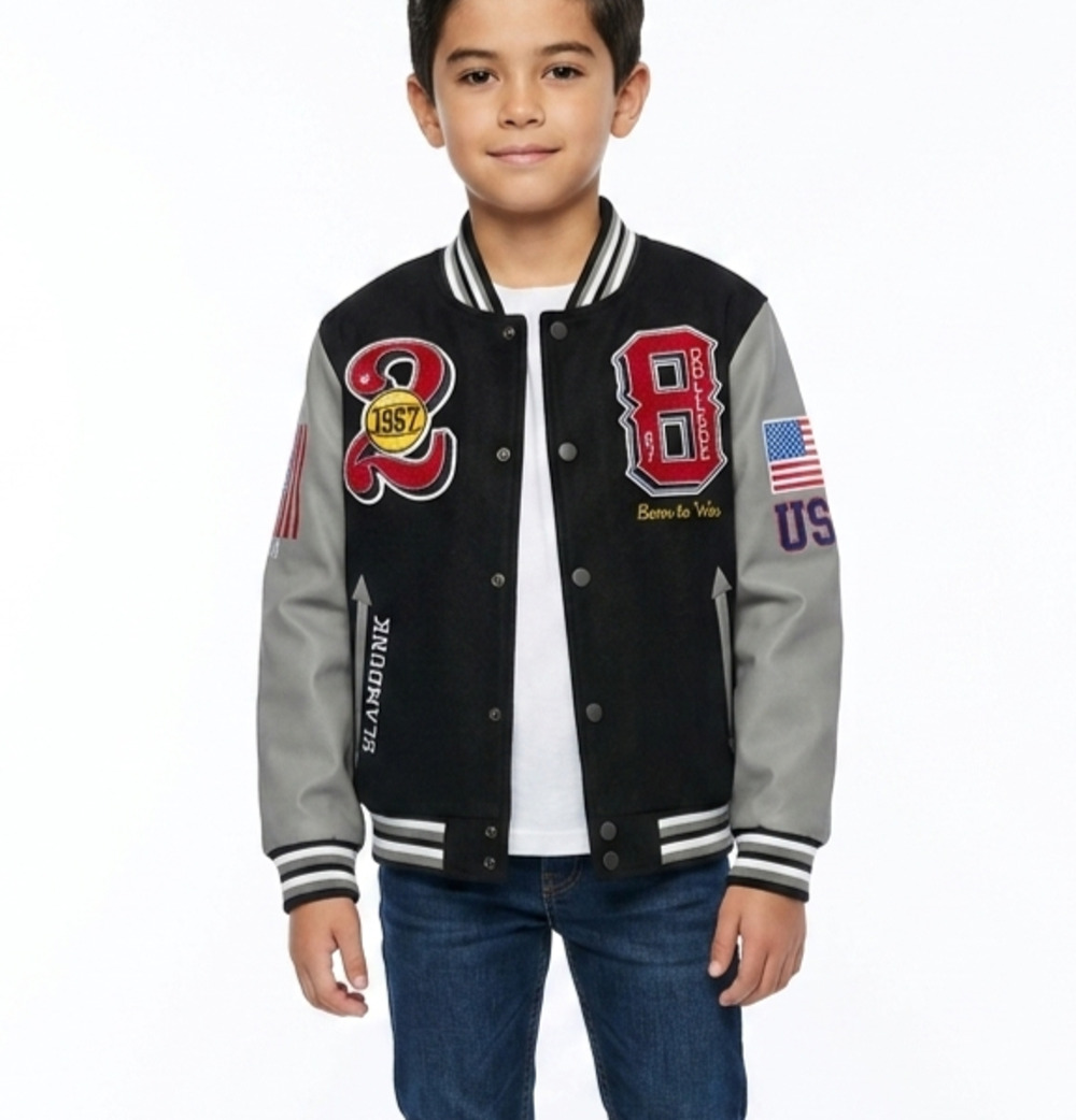 Ring of Fire Boys Varsity Jacket L Black Faux Leather Basketball Bomber NWT